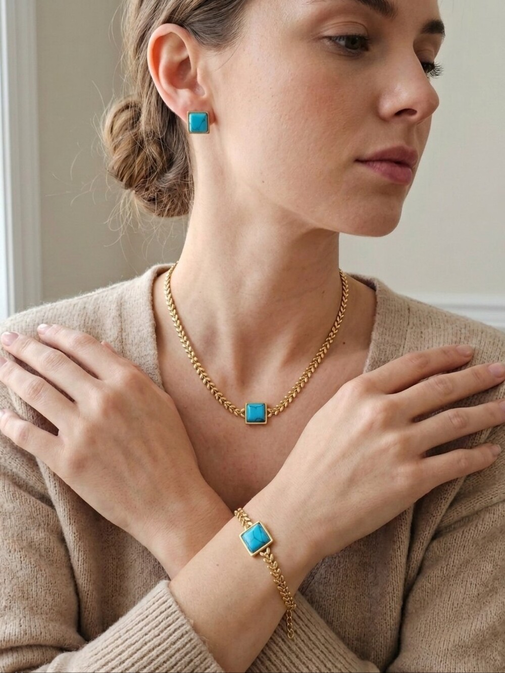Turquoise Square Gold Jewelry Set Necklace Bracelet Earrings